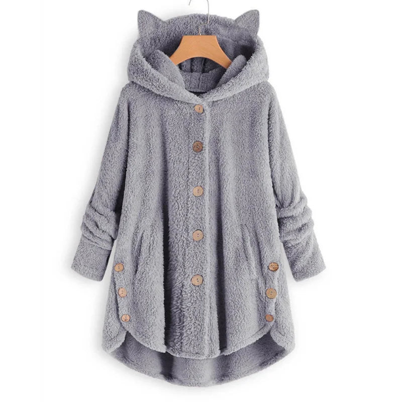 Cherub Button Hooded Cat Ear Plush Top   Jacket for Women