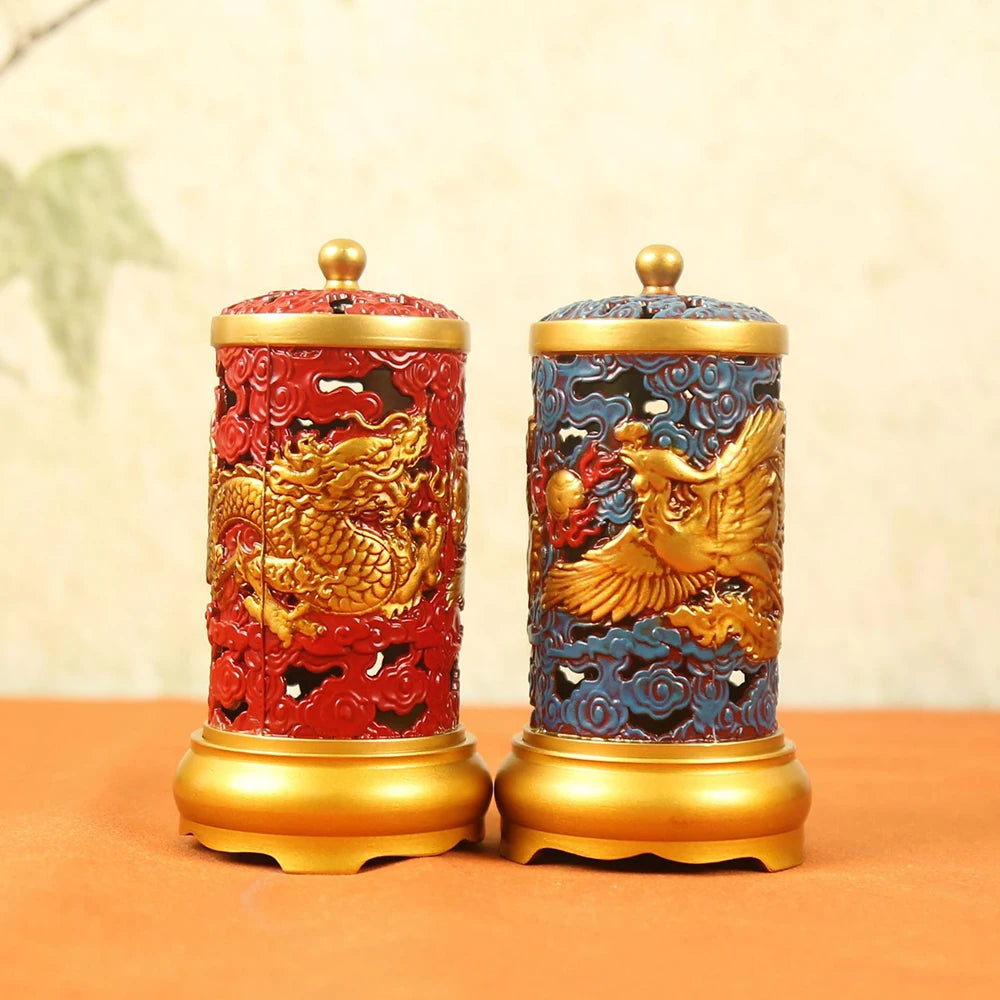 Copper Dragon-Phoenix Incense Burner, Large brass vertical incense tube, Home Living Room Buddha Hall Aroma Ornament, Home decor
