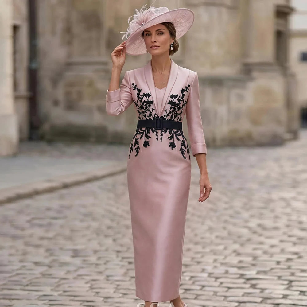 Elegant Mother of The Bride Dress Customzied 3/4 Sleeves V Neck with Belt Lace Embroidery for Wedding Guest Gown Evening Dresses