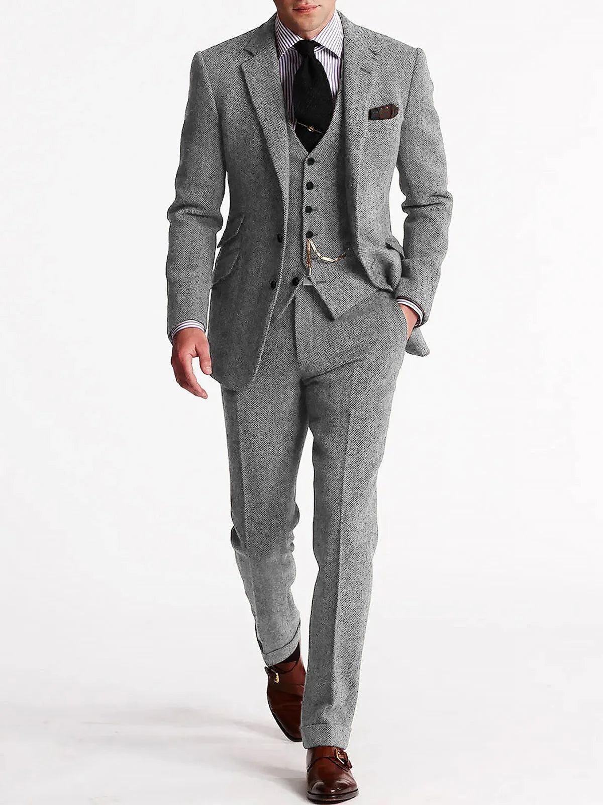 ANNIEBRITNEY Herringbone Tweed Suits for Men Slim Fit Tuxedo Man Suit Set Trajes De Hombre Anzug Herren Custom Made Men Suits