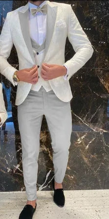 Father And Son Men Suits Groom Tuxedos 3 Pieces Cream White Floral Pattern Slim Fit Cocktail Party Business Suits Custom Made