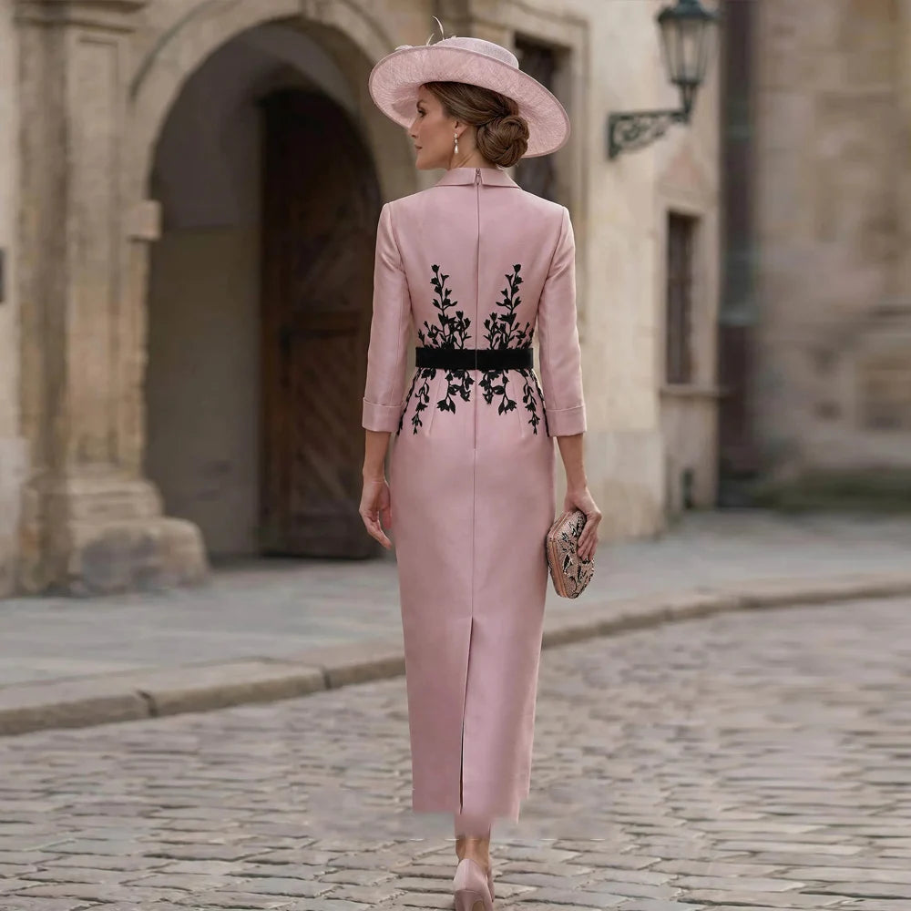 Elegant Mother of The Bride Dress Customzied 3/4 Sleeves V Neck with Belt Lace Embroidery for Wedding Guest Gown Evening Dresses
