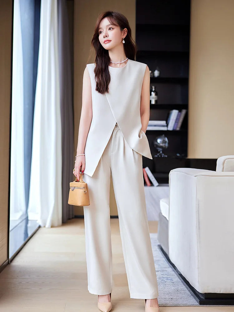 Cherub Summer Loose O-Neck Top Wide Leg Pants Two Piece New Elegant Pullover Pants .Cotton Linen Suit