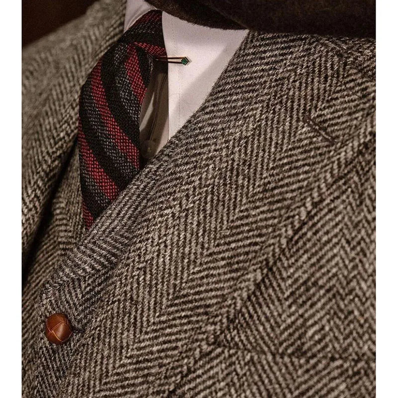 Elegant Tweed Men's Suits for Winter Single Breasted Notch Lapel Slim Fit Male Clothing High Quality 3 Piece Jacket Pants Vest