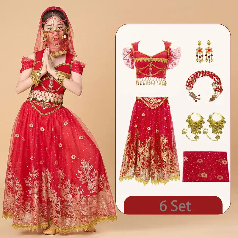 Kids India Princess Belly Dance Set Children  Oriental Indian Dance Sari Girl Performance Costume Bollywood Stage Outfit