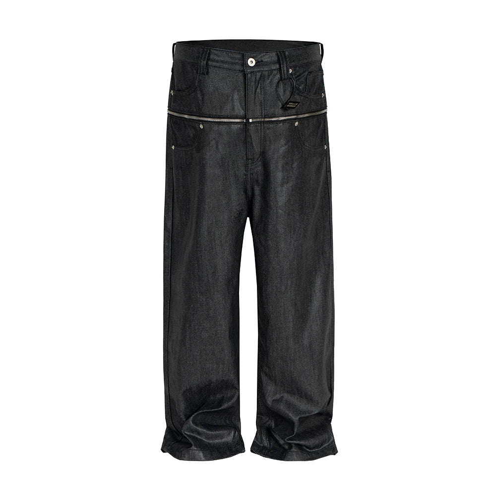 Vitnage Hip Hop Zipper Wax Coated Original Jeans for Men Straight Ropa Hombre Black Denim Trousers Streetwear Baggy Pants