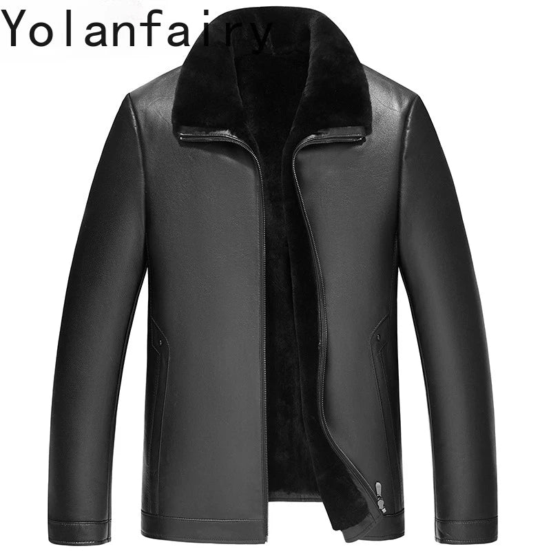YOLAN FAIRY High Quality Real Goatskin Leather Jackets Man Winter Wool Lining Fur Coat Short Lapel Genuine Leather Jacket Men