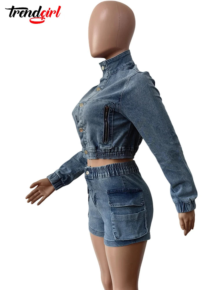 Cherubgirl Stretch Denim Long Sleeve Two 2 Pieces Set Women‘s Streetwear Jacket Crop Tops and Shorts Jean Matching Suit Urban wear.