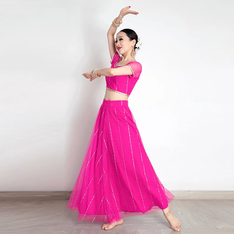 Exotic Indian Dance Costume Ethnic Style Women's Bollywood Belly Dance Dress Sari Top Large Swing Skirt  Set