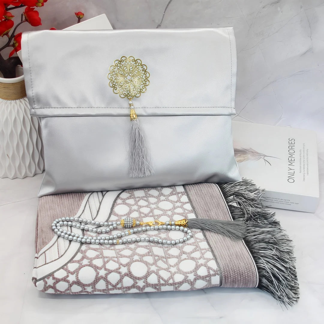 Muslim Prayer Rug With Portable Bag Beads Muslim for Women Men Soft Mat Islam Gifts Set Turkish for Ramadan Eid Hajj Travel Mat