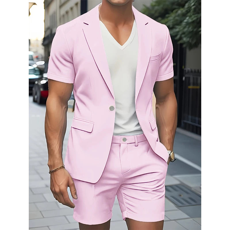 Cherub men Suit Summer Casual Suit 2 Piece Short Sleeve Suit Blazer 5 Inch Dress Shorts for Outdoor Beach Weddings Casual Occasions