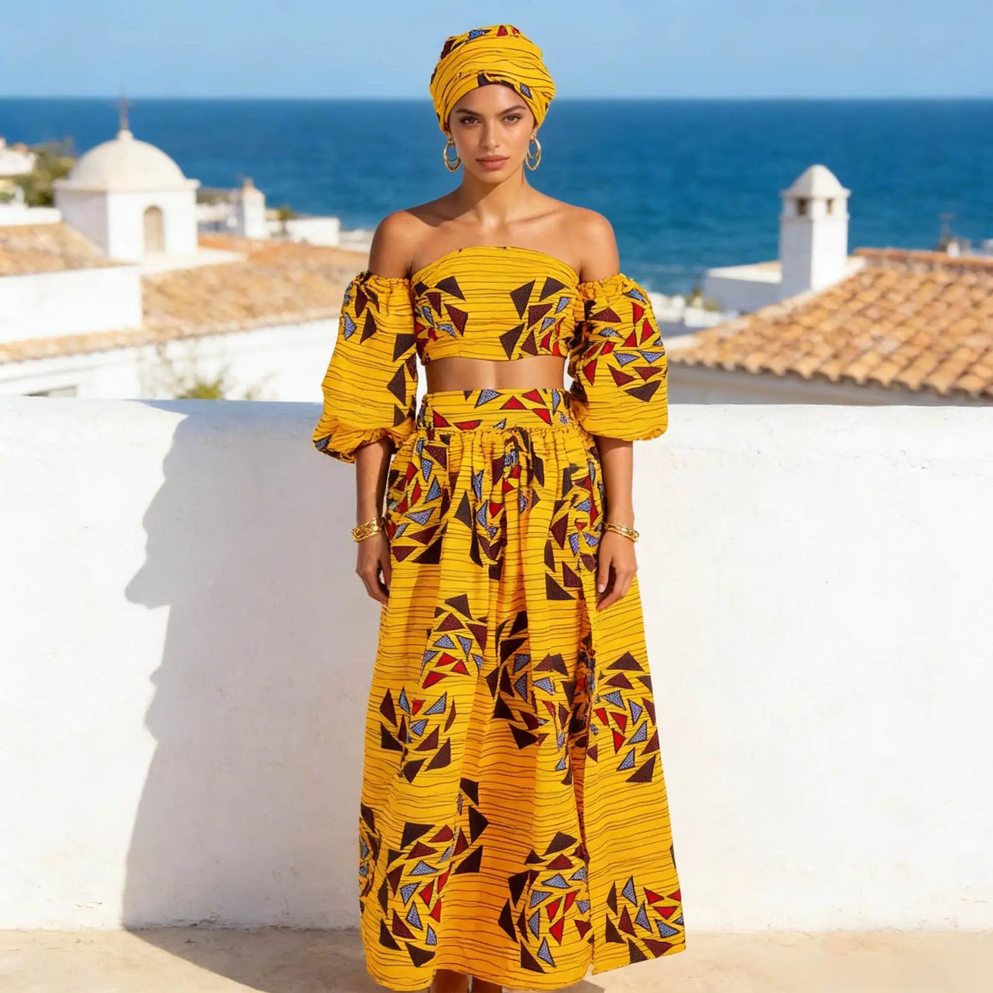 African Women Sexy Sets Two Pieces 2024 Ankara Print Tube Top High Slit Skirt Free Headscarf Female Outfits Women Dress 2426016