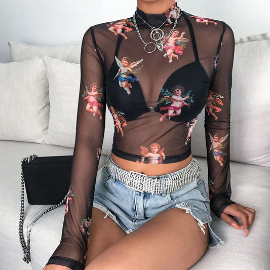 Sexy Women sheer T Shirt See-Through Transparent Mesh Long Sleeve top.