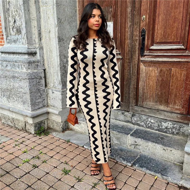 Cherub Vintage Wave Print Knitted Long Women's Dress.