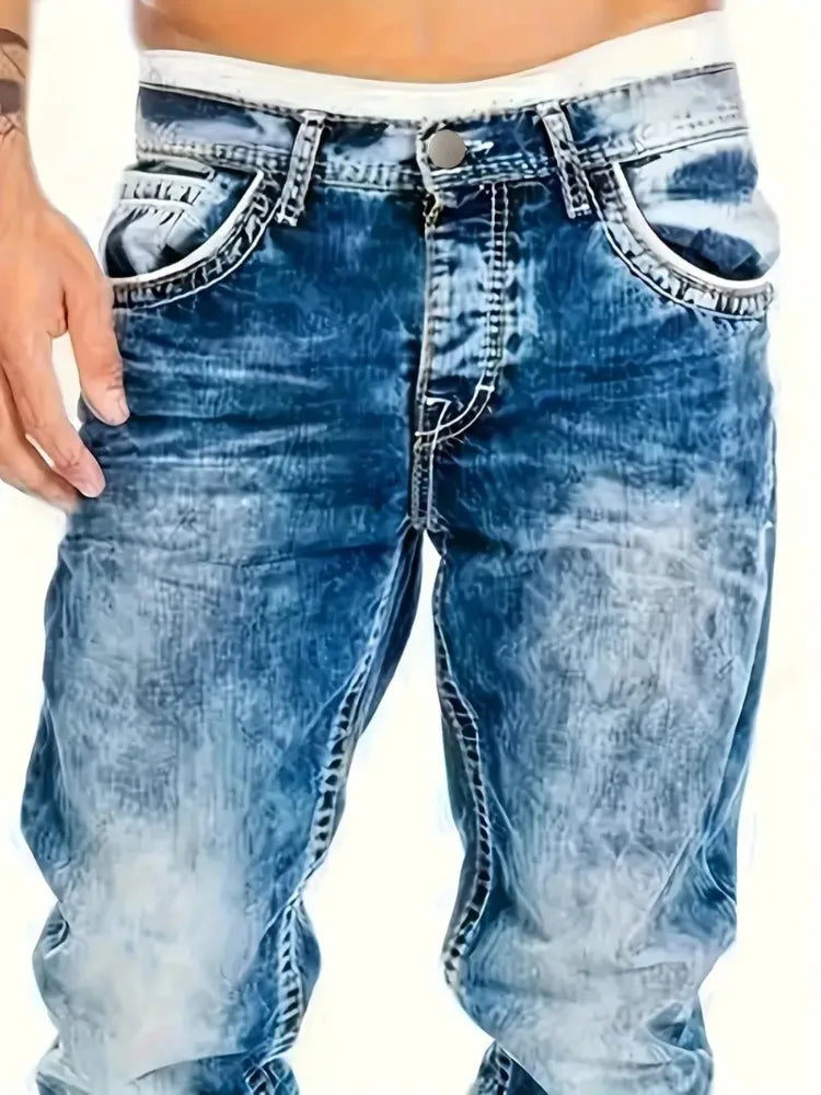 European American Jeans Men's Autumn New Slim Elastic Trousers Fashionable Vintage Wash Denim Pants Male Urbanwear