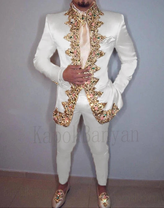 Men Suit 4K Two Piece (Jacket+Pants+Belt) Italian Stand Collar Slim Fit Wedding Suit for Men Custom Made /Embroidery Print Suit