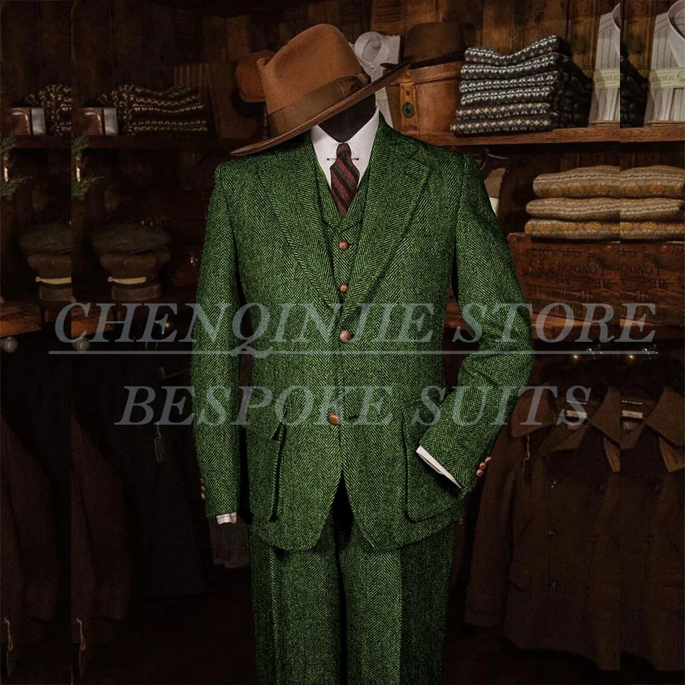 Elegant Tweed Men's Suits for Winter Single Breasted Notch Lapel Slim Fit Male Clothing High Quality 3 Piece Jacket Pants Vest