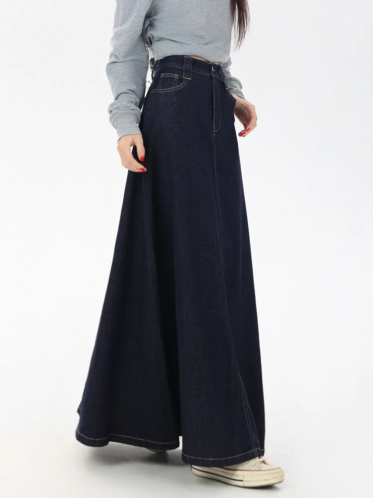 Women's Vintage A-Line Denim Long Skirts, Casual High Waist Jean Skirt, Blue, All-Match, Korean Fashion, 2021