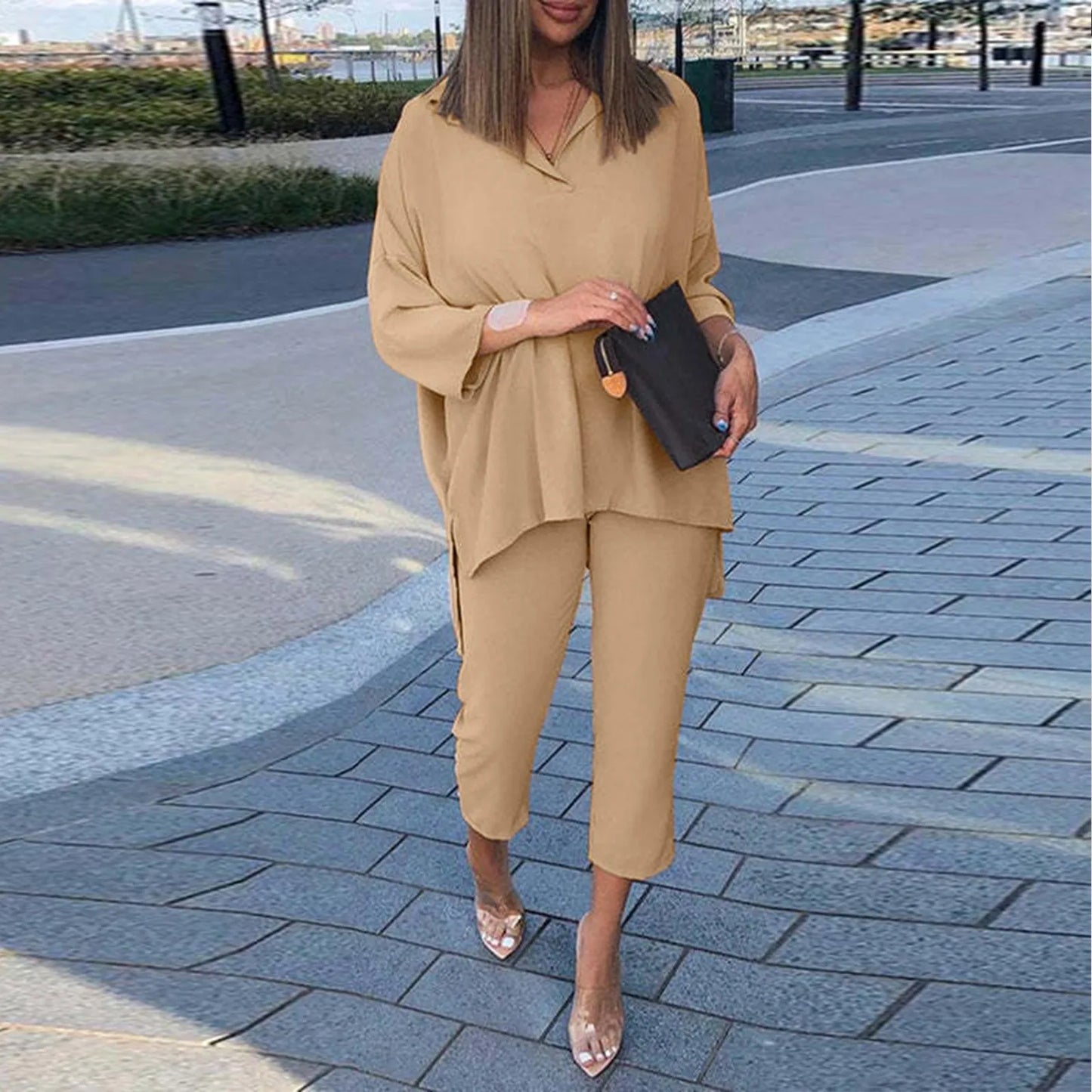 Cherub Women's Urban Outfits Solid Color Suit V Neck T Shirt Blouse and Pants Suits Two Piece Loose Set.
