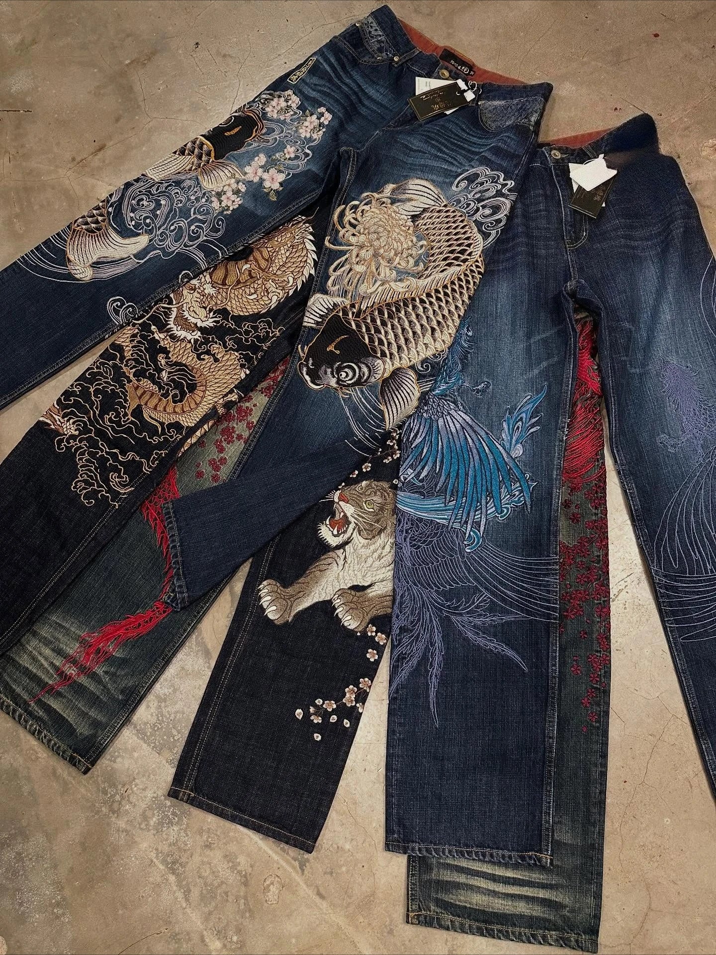 Harajuku Japanese Jeans Mens New Dragon High Quality Jeans  Vintage Hip Hop Urban Denim Fabric Wide Leg pants