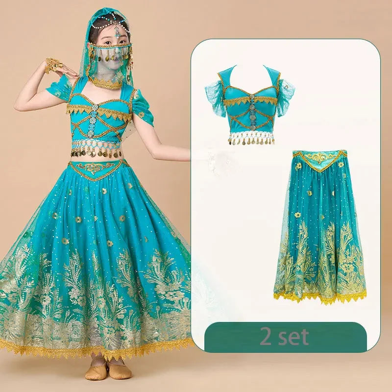 Kids India Princess Belly Dance Set Children  Oriental Indian Dance Sari Girl Performance Costume Bollywood Stage Outfit