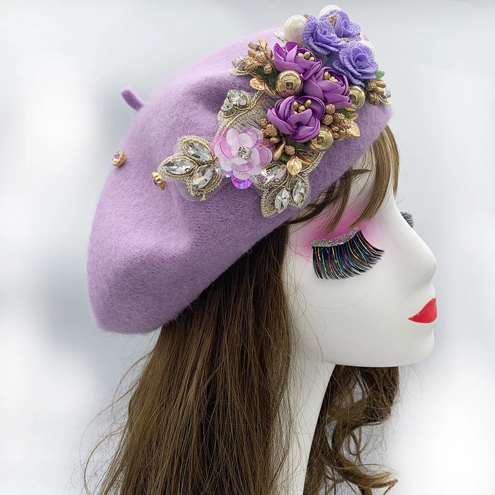 Cherub 2024 Winter Autumn Women's Beret Hat/Flower Diamonds Lady Cap French style considered Sunday's best
