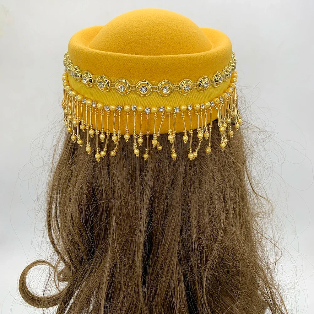 Cherub Church Derby Fascinator With Tassels Lady Beret Caps Airline Stewardess style African Headwear Vintage Felt Turban Hat For Women