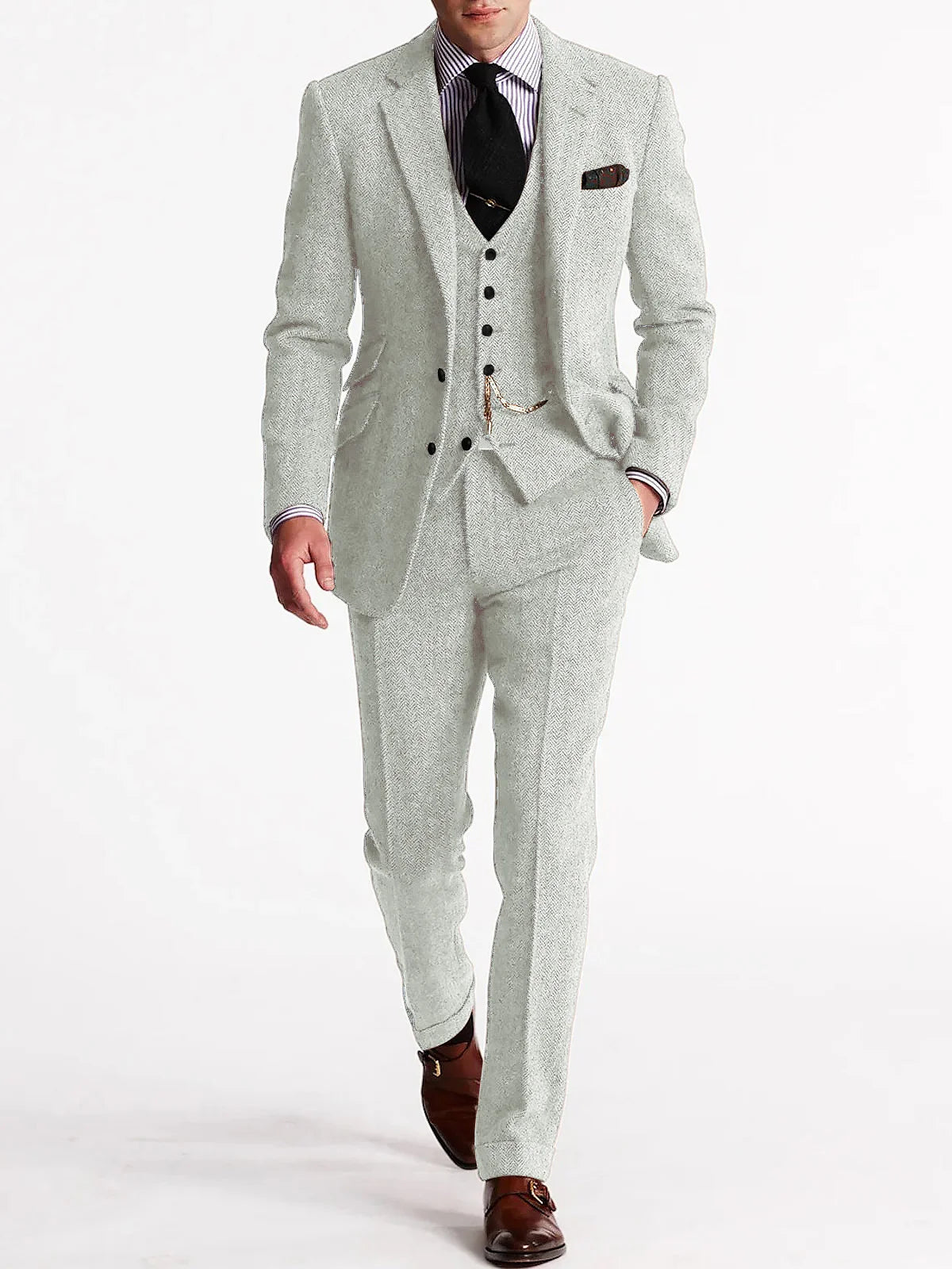 ANNIEBRITNEY Herringbone Tweed Suits for Men Slim Fit Tuxedo Man Suit Set Trajes De Hombre Anzug Herren Custom Made Men Suits