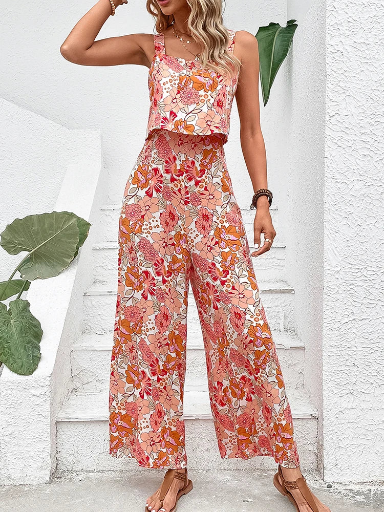 Cherub Elegant Long Jumpsuit Casual Floral 2pc Rompers Style Summer Clothes For Woman 2024 New