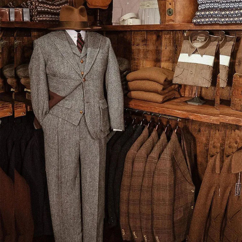 Elegant Tweed Men's Suits for Winter Single Breasted Notch Lapel Slim Fit Male Clothing High Quality 3 Piece Jacket Pants Vest